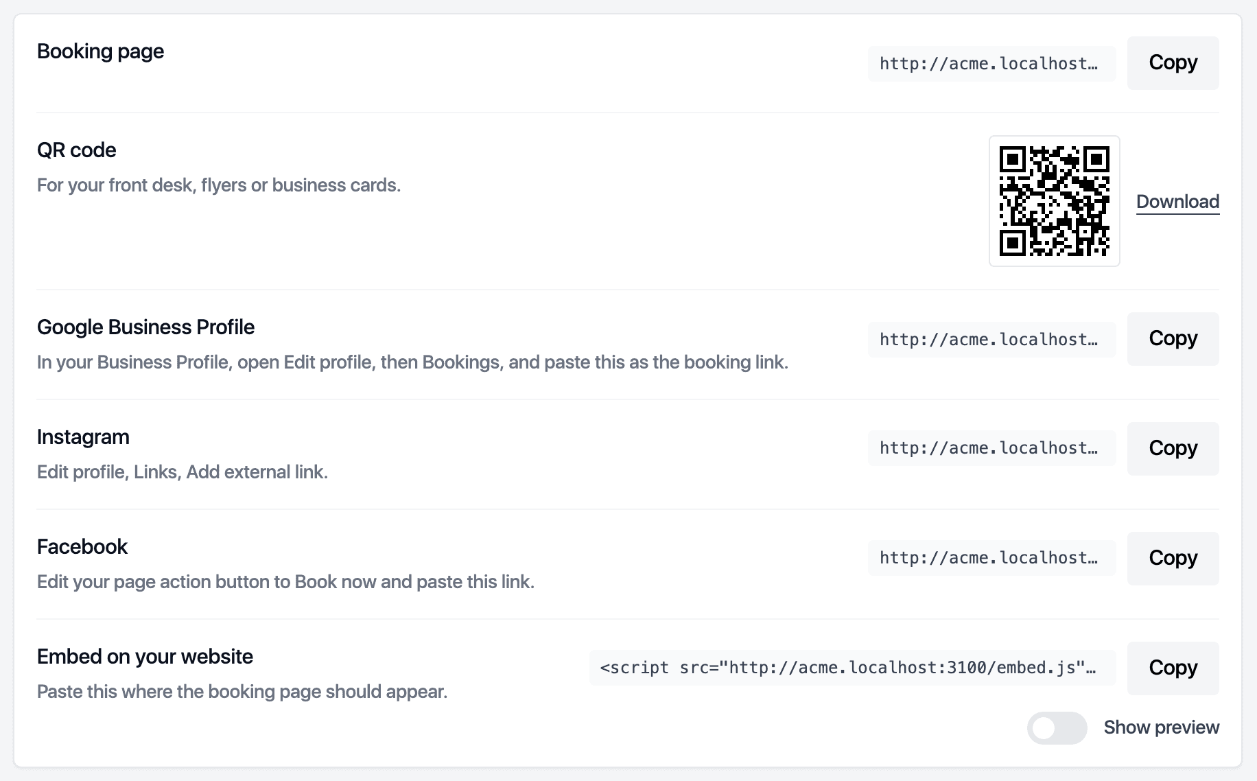 Share links, QR codes and embed